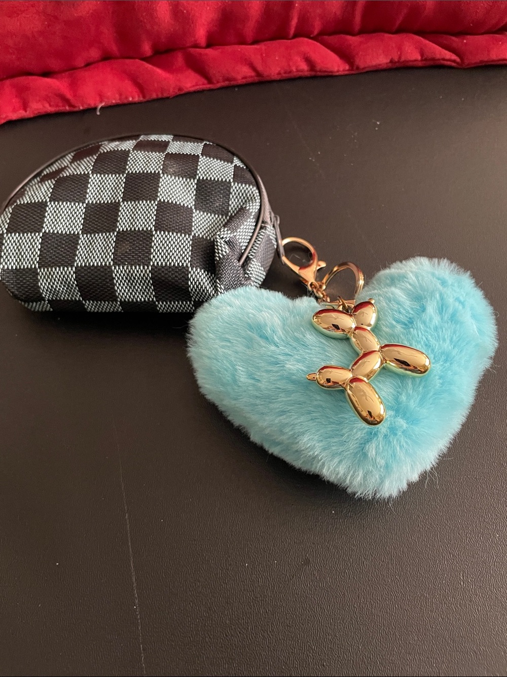 Blue Fuzzy Heart Keychain with Gold Balloon Dog Charm,Coin Holder Keychain NWOT